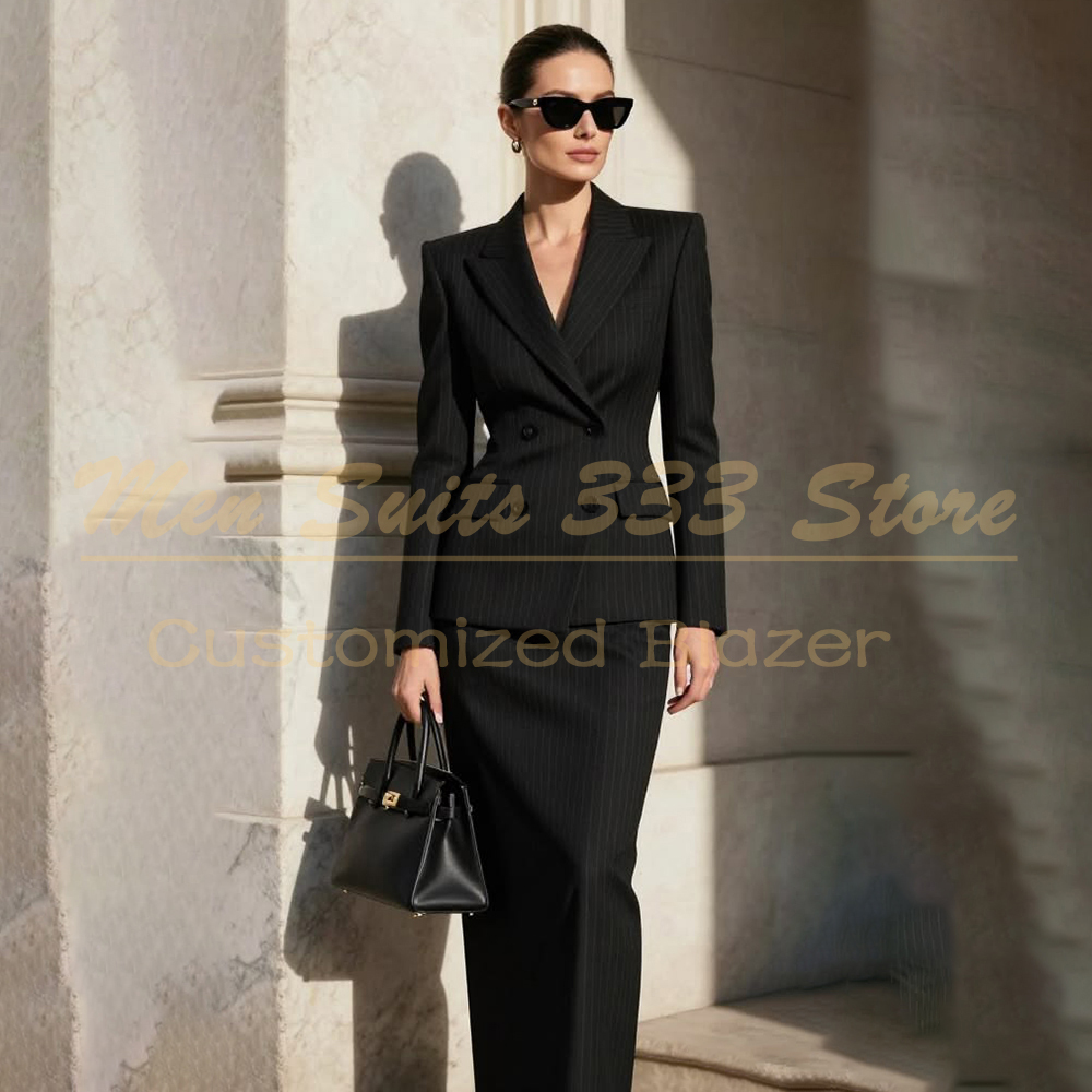 Men Formal Wear All Black - Tasarımcı Siyah Çizgili Kadın Takım Elbise