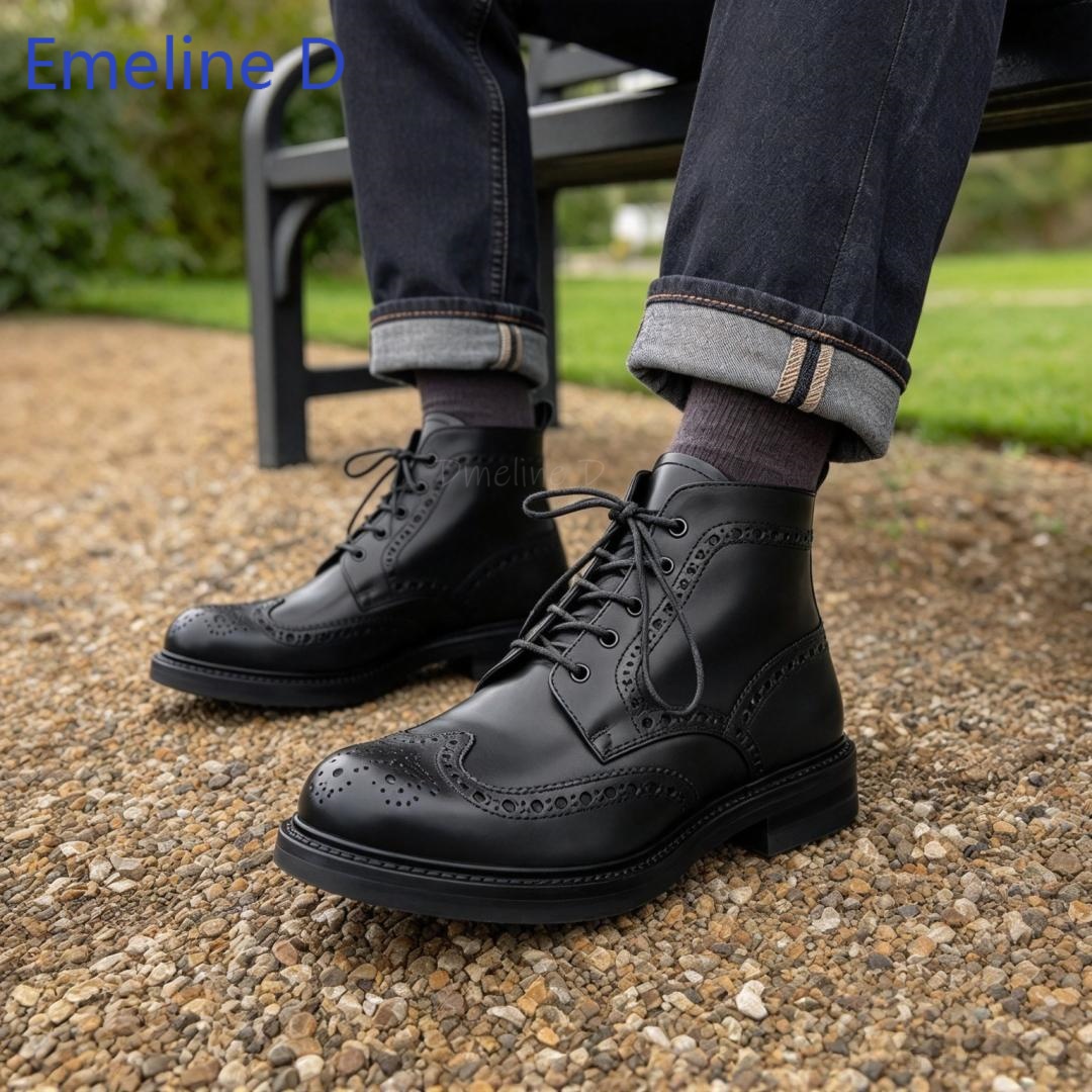 Formal Men Daily Wear Footwear - Erkek Brogue Bilekli Botlar, Hakiki Deri,